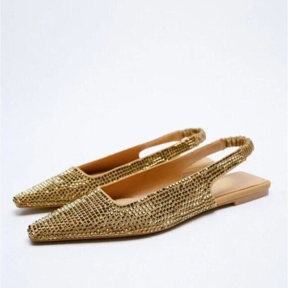 Zara Sparkly Slingback Gold Pointed Toe Rhinestone Flats Size 39 - Picture 1 of 9